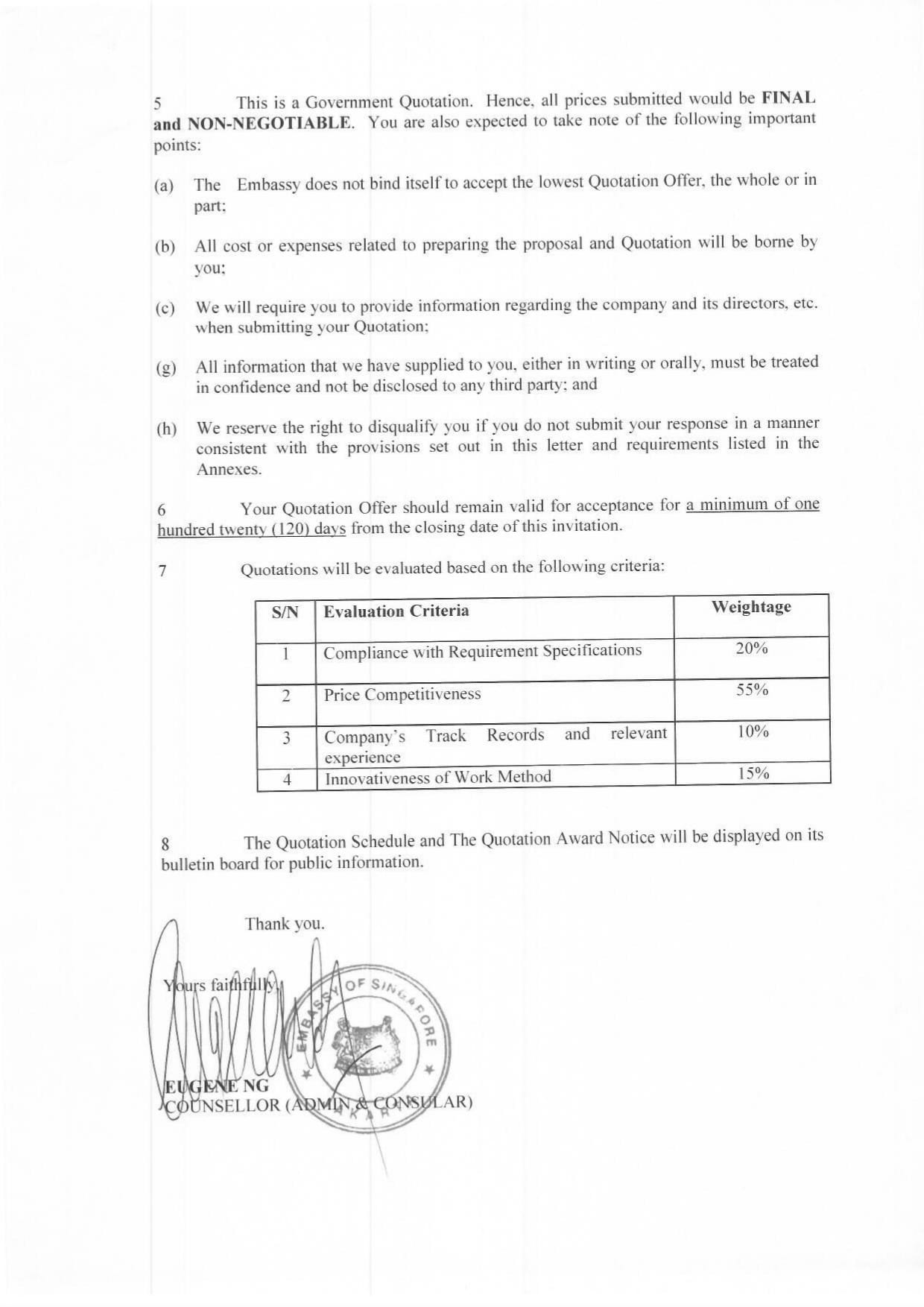 Government quotation document with evaluation criteria table and Singapore Embassy seal.